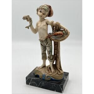Roman Fontanini Italy figurine Simonelli Depose Carrara Marble Fish Basket Lobst